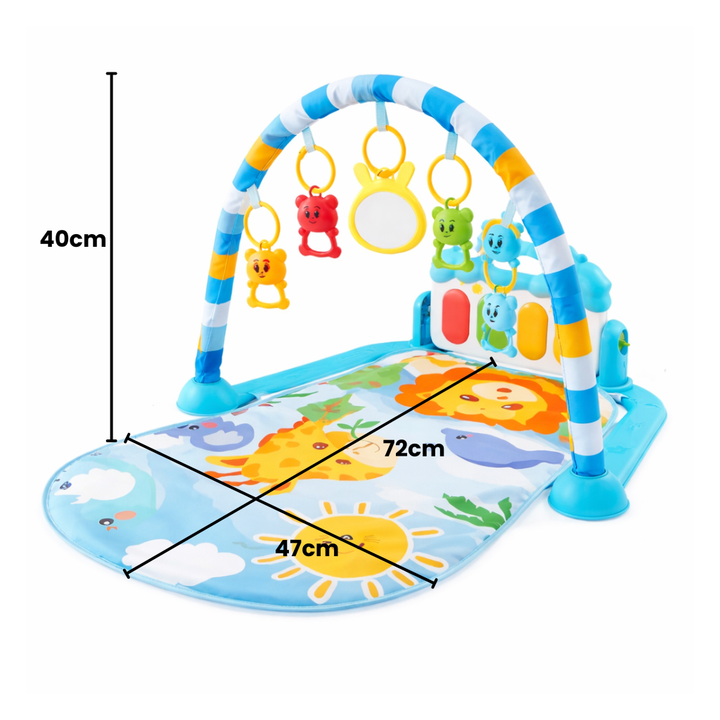 Tapis d’éveil pour bébé avec arche et jouets suspendus – motifs animaux et soleil
