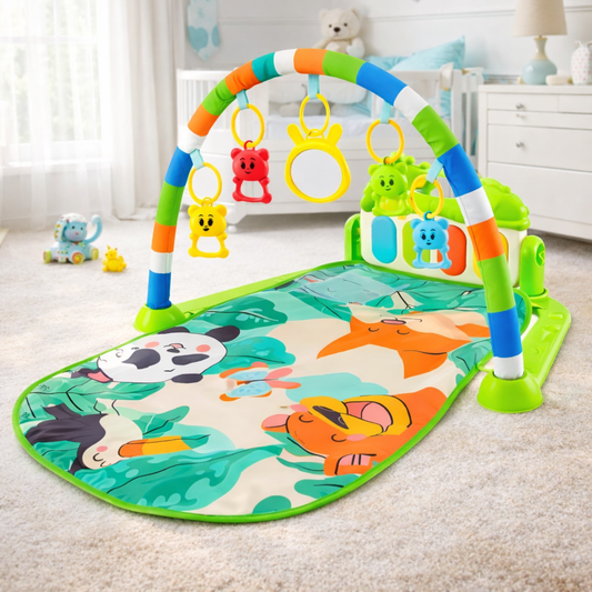 Tapis d’éveil pour bébé avec arche et jouets suspendus – motif jungle