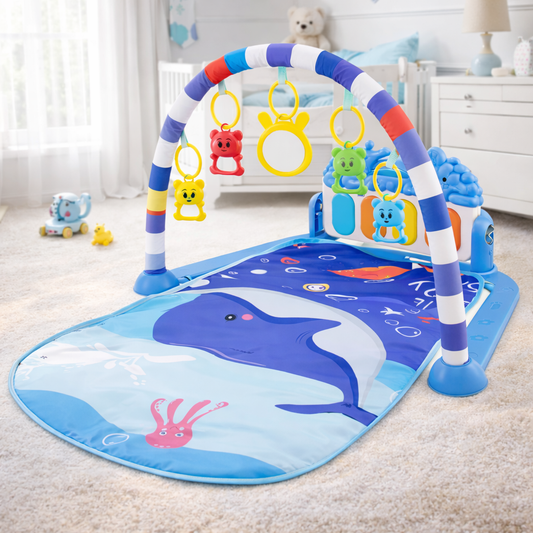 Tapis d’éveil pour bébé avec arche et jouets suspendus – thème océan