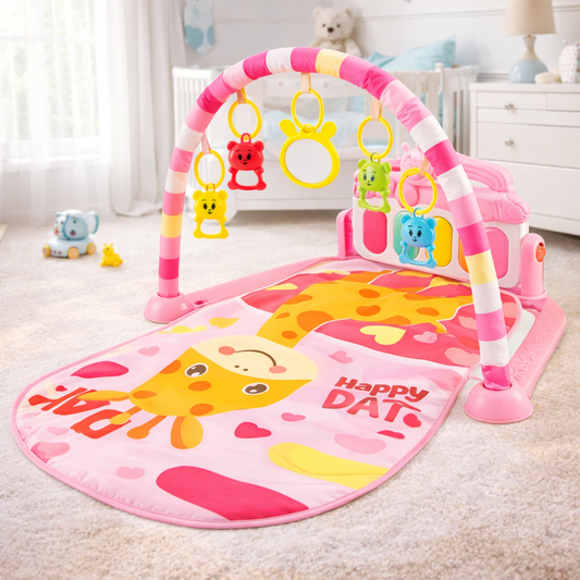 Tapis d’éveil pour bébé avec arche et jouets suspendus – motif girafe, fond rose