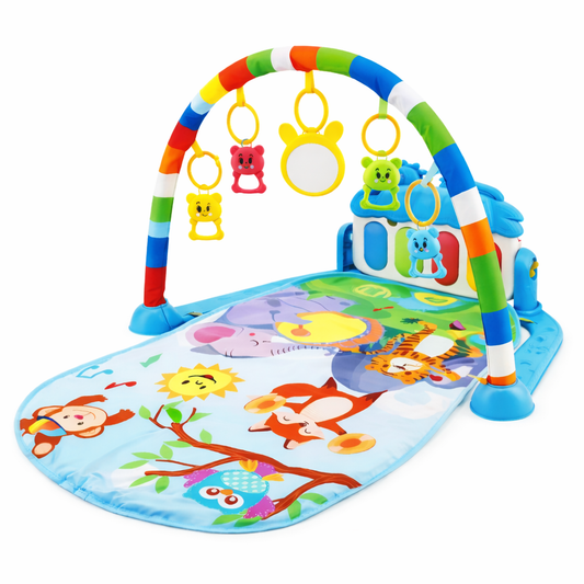 Tapis d’éveil pour bébé avec arche et jouets suspendus – thème forêt
