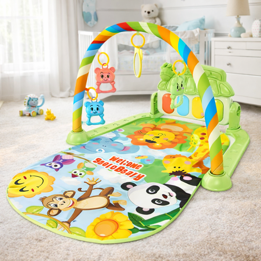 Tapis d’éveil pour bébé avec arche et jouets suspendus – thème animaux